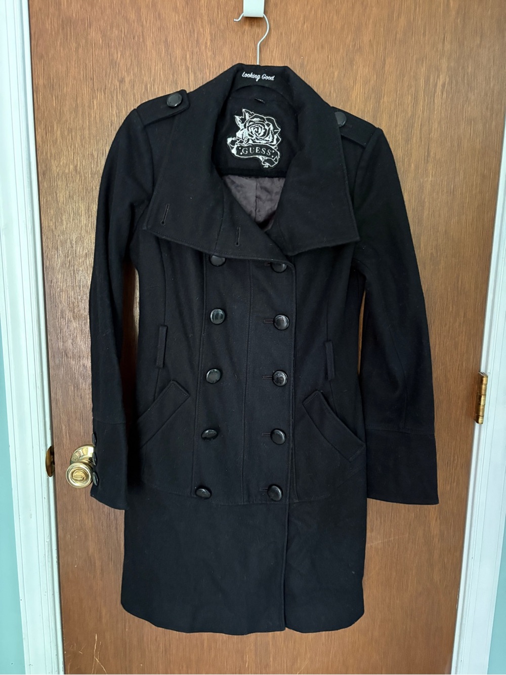 GUESS Black Double-Breasted Wool-Blend Pea Coat